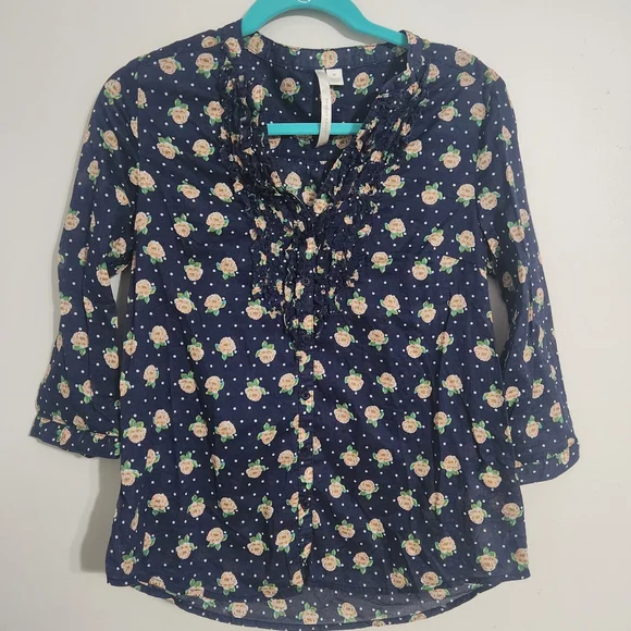 LC Lauren Conrad Navy Floral Blouse 3/4 Length Sleeves, size M - Picture 1 of 7